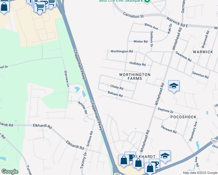 map of restaurants, bars, coffee shops, grocery stores, and more near 6525 Clisby Road in Richmond