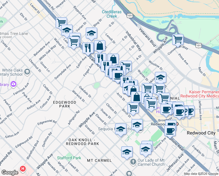 map of restaurants, bars, coffee shops, grocery stores, and more near 55 Claremont Avenue in Redwood City