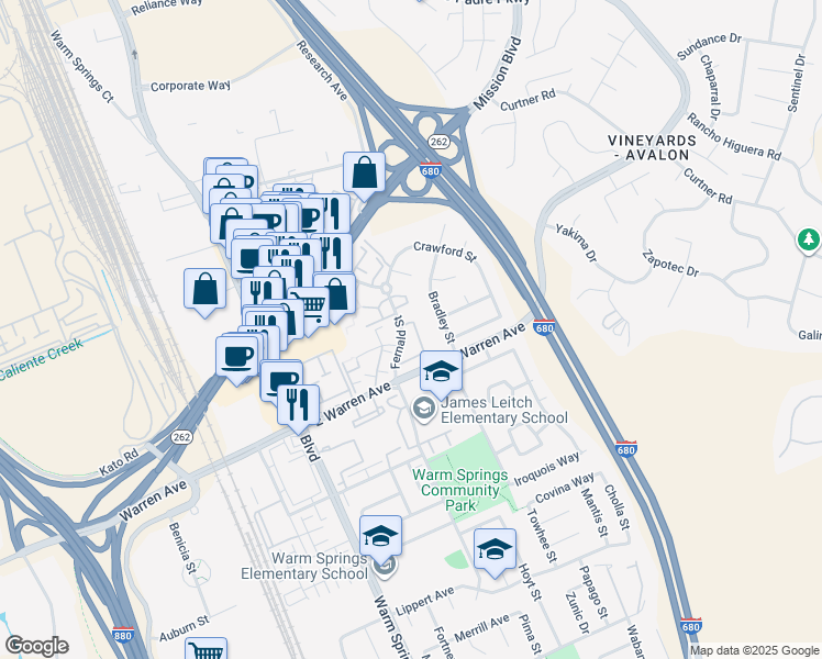 map of restaurants, bars, coffee shops, grocery stores, and more near 46869 Fernald Common in Fremont