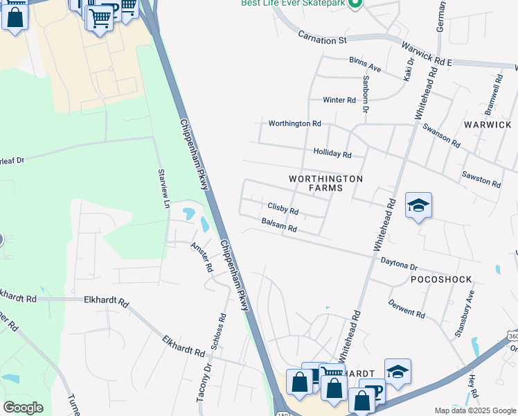 map of restaurants, bars, coffee shops, grocery stores, and more near 6537 Clisby Road in Richmond
