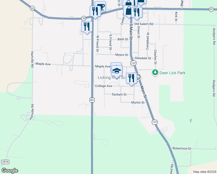 map of restaurants, bars, coffee shops, grocery stores, and more near 133 Sackett Street in Licking