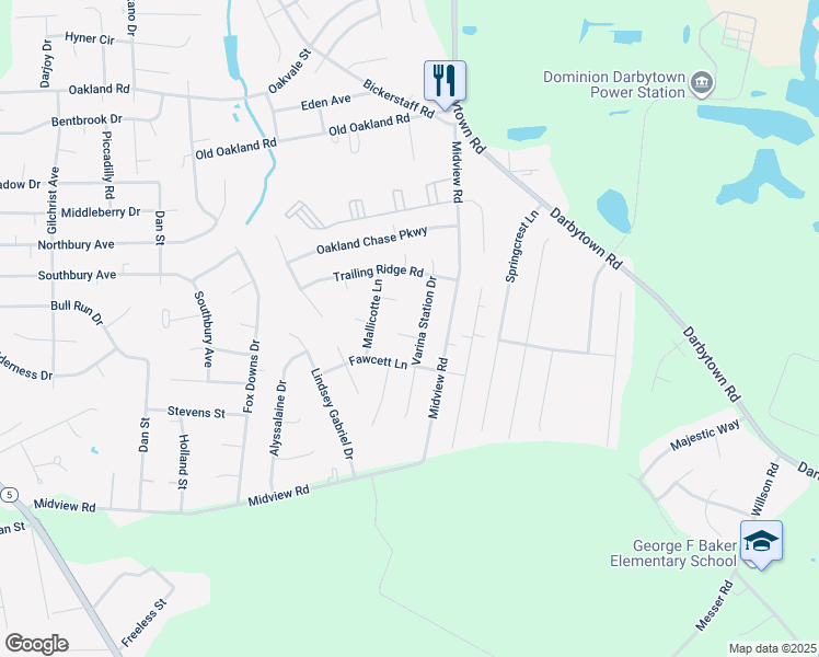 map of restaurants, bars, coffee shops, grocery stores, and more near 1612 Varina Station Court in Richmond