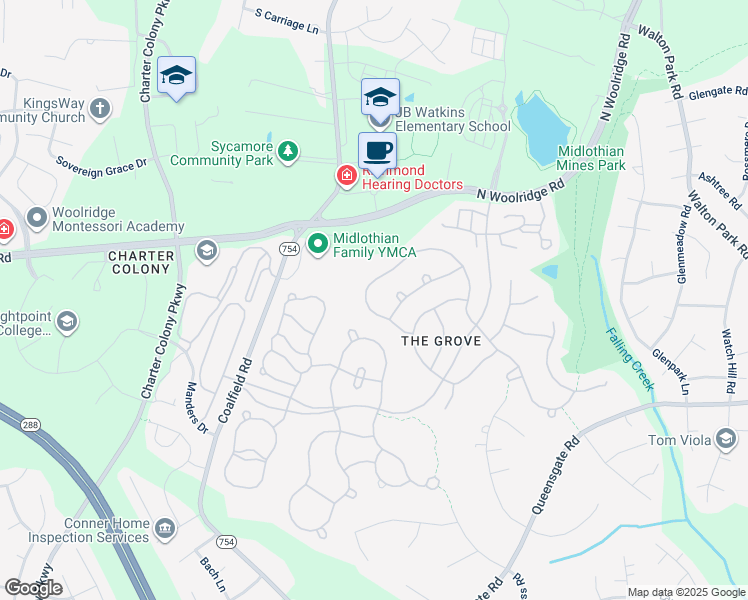 map of restaurants, bars, coffee shops, grocery stores, and more near 530 Coalbrook Drive in Midlothian