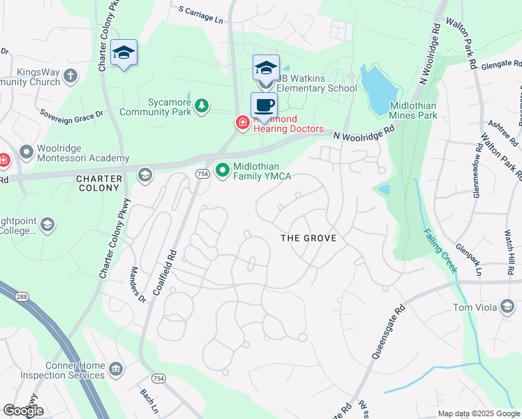 map of restaurants, bars, coffee shops, grocery stores, and more near 530 Coalbrook Drive in Midlothian