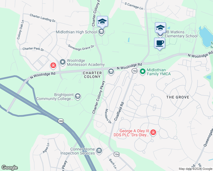 map of restaurants, bars, coffee shops, grocery stores, and more near 721 Woodland Creek Way in Midlothian