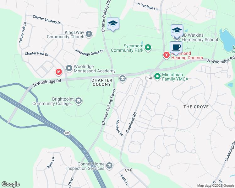 map of restaurants, bars, coffee shops, grocery stores, and more near 721 Woodland Creek Way in Midlothian