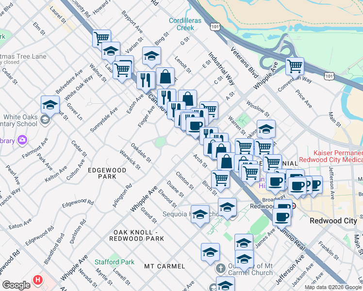 map of restaurants, bars, coffee shops, grocery stores, and more near 55 Claremont Avenue in Redwood City