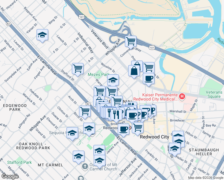 map of restaurants, bars, coffee shops, grocery stores, and more near 802 Brewster Avenue in Redwood City