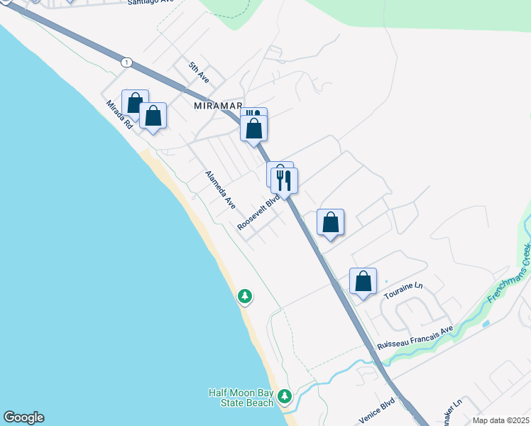 map of restaurants, bars, coffee shops, grocery stores, and more near 404 Roosevelt Boulevard in Half Moon Bay