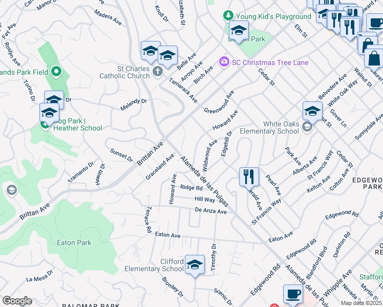 map of restaurants, bars, coffee shops, grocery stores, and more near 2348 Howard Avenue in San Carlos