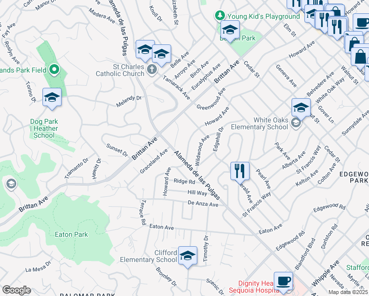 map of restaurants, bars, coffee shops, grocery stores, and more near 2348 Howard Avenue in San Carlos
