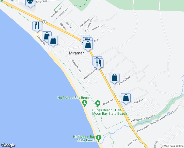 map of restaurants, bars, coffee shops, grocery stores, and more near 404 Roosevelt Boulevard in Half Moon Bay