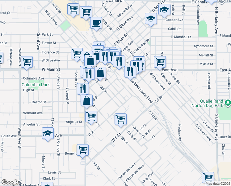 map of restaurants, bars, coffee shops, grocery stores, and more near 404 South Broadway in Turlock
