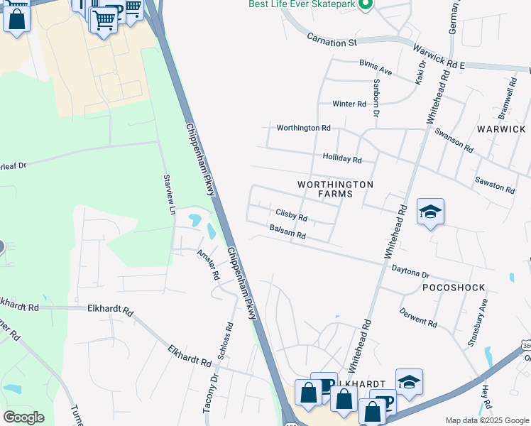 map of restaurants, bars, coffee shops, grocery stores, and more near 6537 Clisby Road in Richmond