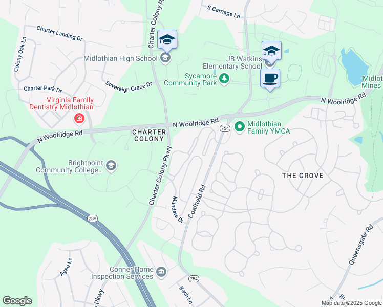 map of restaurants, bars, coffee shops, grocery stores, and more near Bristol Village Drive in Midlothian