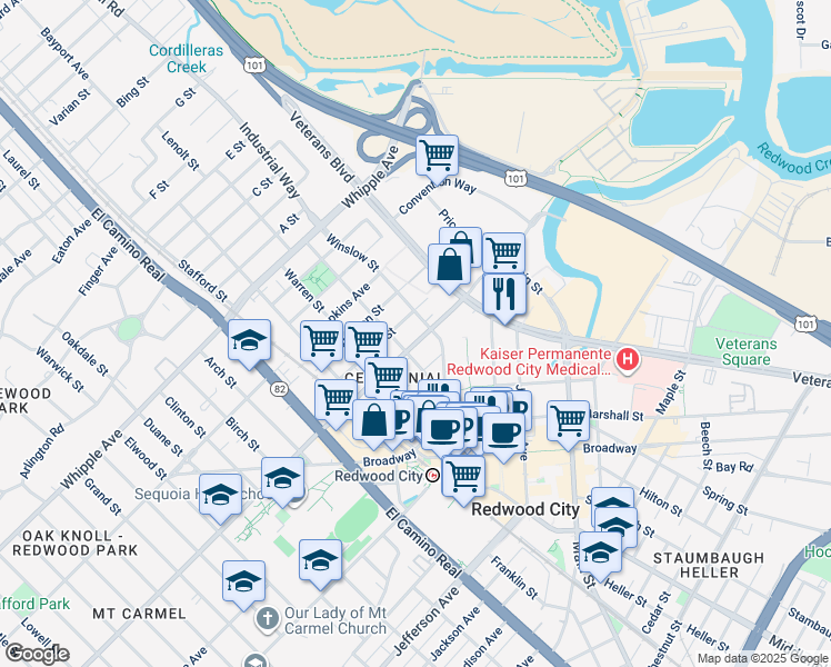 map of restaurants, bars, coffee shops, grocery stores, and more near 417 Fuller Street in Redwood City