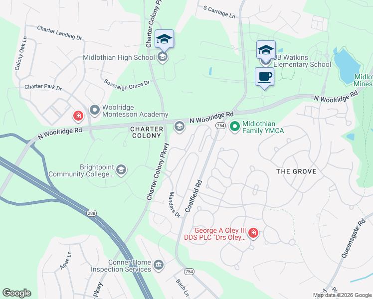 map of restaurants, bars, coffee shops, grocery stores, and more near 624 Abbey Village Circle in Midlothian