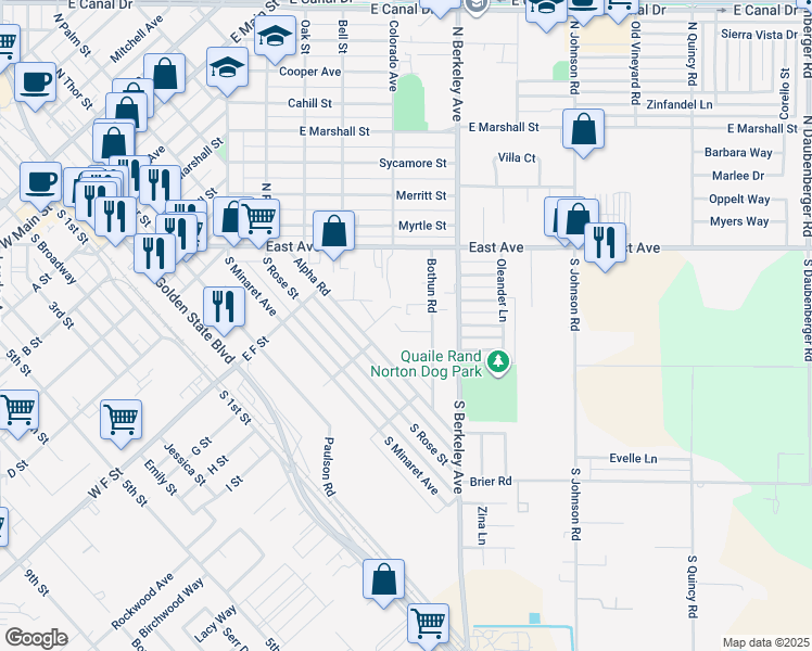 map of restaurants, bars, coffee shops, grocery stores, and more near 331 Bothun Road in Turlock