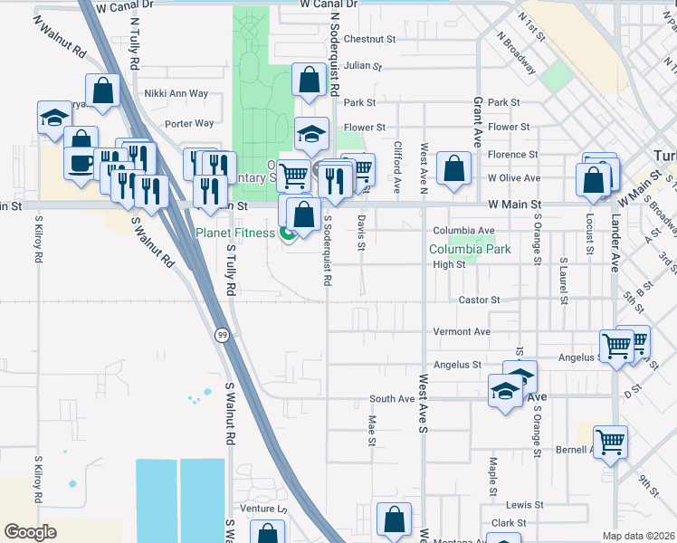 map of restaurants, bars, coffee shops, grocery stores, and more near 416 South Soderquist Road in Turlock