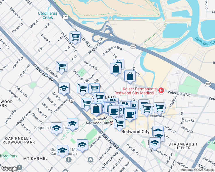map of restaurants, bars, coffee shops, grocery stores, and more near 417 Fuller Street in Redwood City