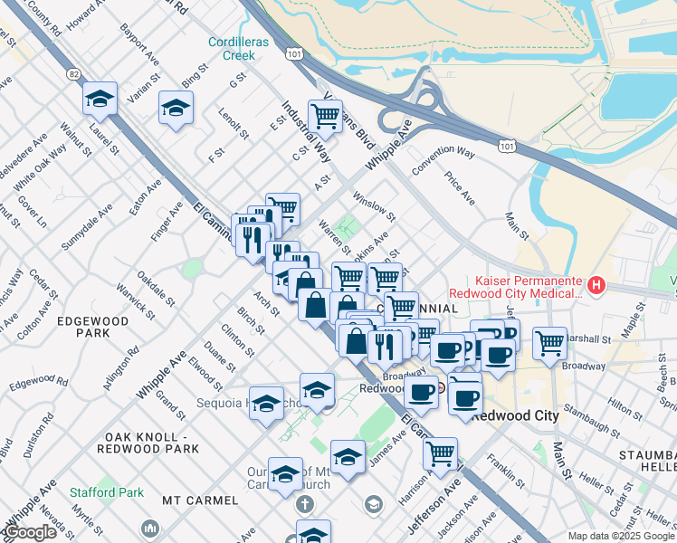 map of restaurants, bars, coffee shops, grocery stores, and more near 919 Arguello Street in Redwood City