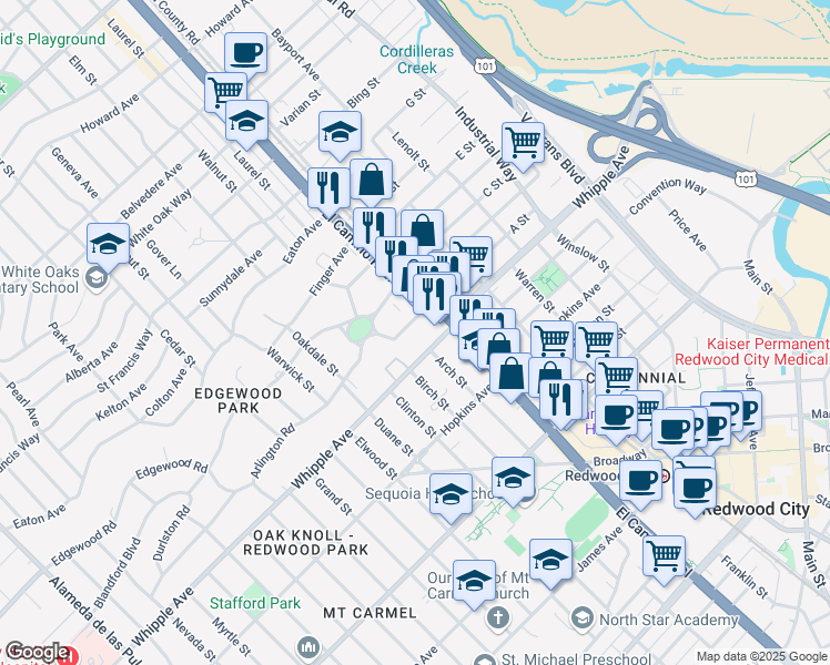 map of restaurants, bars, coffee shops, grocery stores, and more near 6 Arch Street in Redwood City