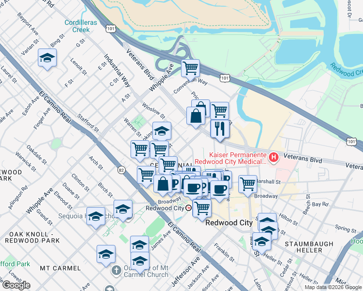 map of restaurants, bars, coffee shops, grocery stores, and more near 600 Brewster Avenue in Redwood City