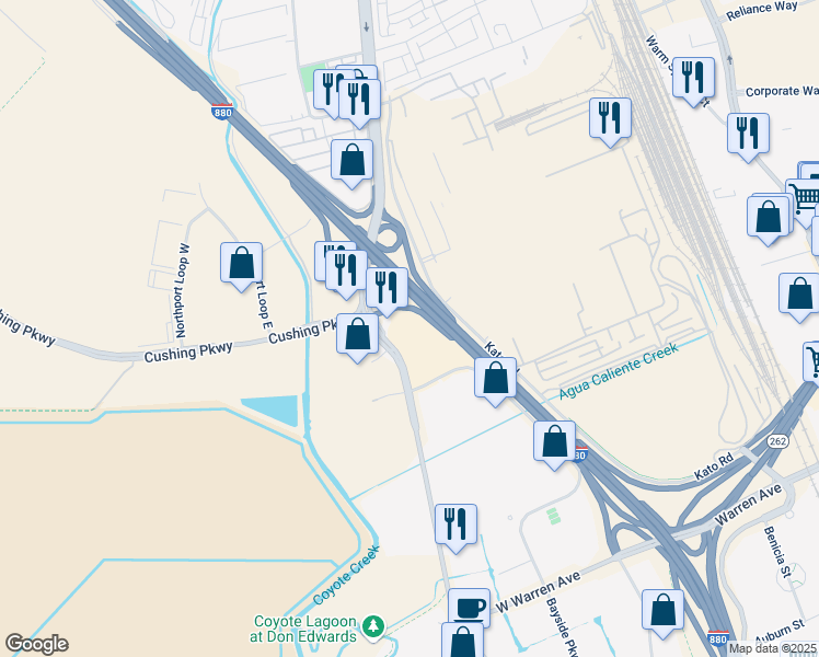 map of restaurants, bars, coffee shops, grocery stores, and more near 46080 Fremont Boulevard in Fremont