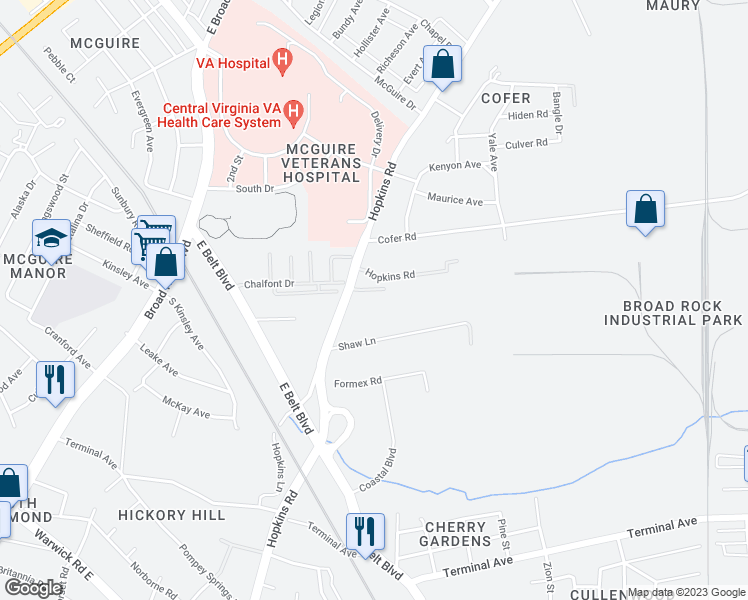 map of restaurants, bars, coffee shops, grocery stores, and more near 3409 Chalfont Drive in Richmond