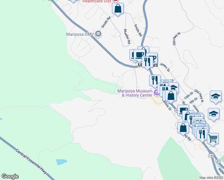 map of restaurants, bars, coffee shops, grocery stores, and more near 5118 Fournier Road in Mariposa