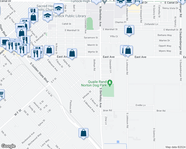 map of restaurants, bars, coffee shops, grocery stores, and more near 241 Bothun Road in Turlock