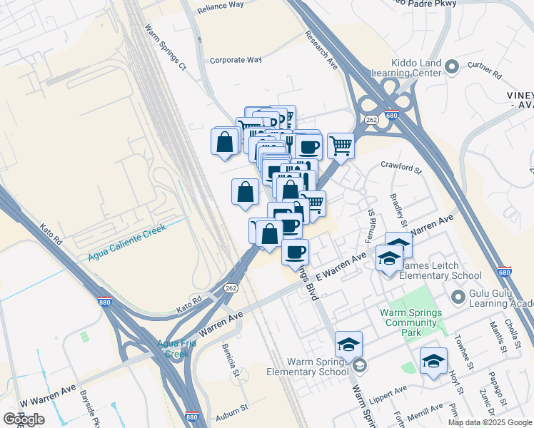 map of restaurants, bars, coffee shops, grocery stores, and more near 46457 Warm Springs Boulevard in Fremont
