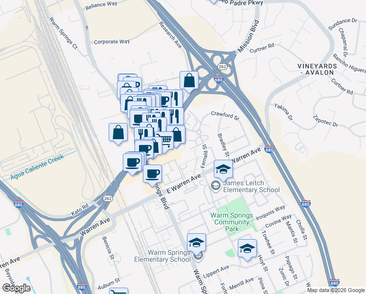 map of restaurants, bars, coffee shops, grocery stores, and more near 46820 Winema Common in Fremont
