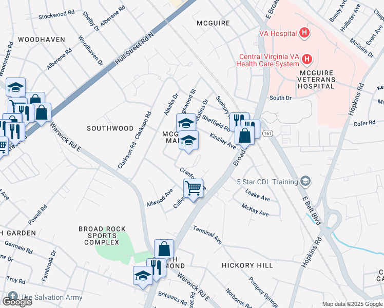 map of restaurants, bars, coffee shops, grocery stores, and more near 1745 Catalina Drive in Richmond