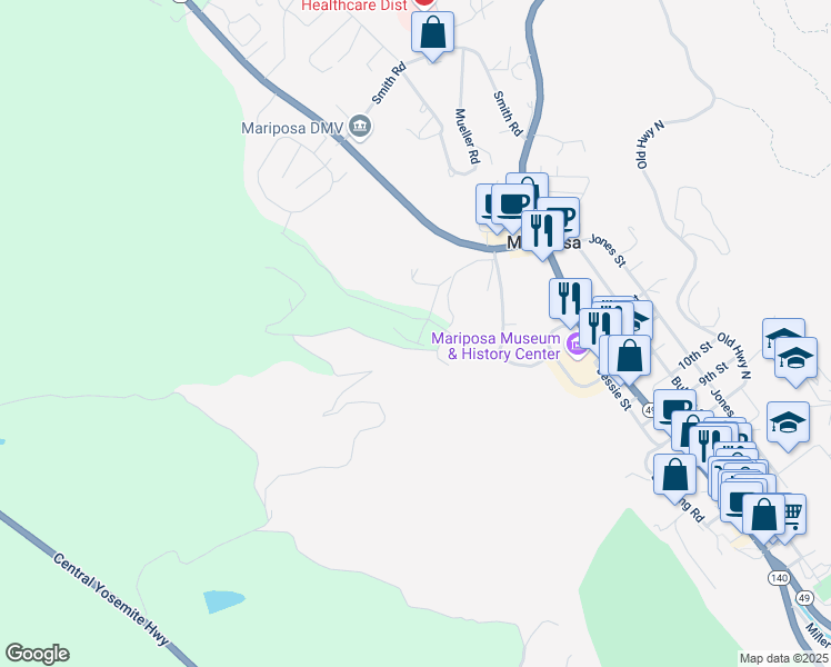 map of restaurants, bars, coffee shops, grocery stores, and more near 5141 Fournier Road in Mariposa