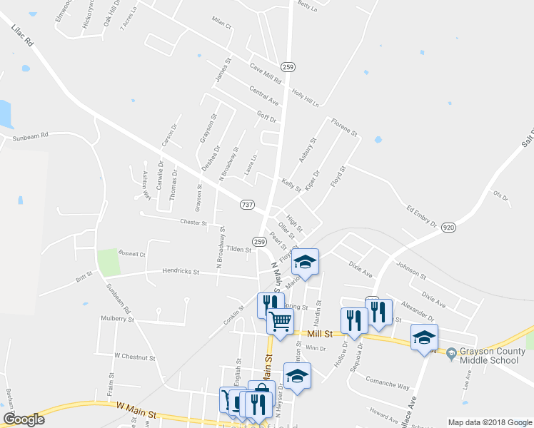 map of restaurants, bars, coffee shops, grocery stores, and more near State Highway 737 in Leitchfield