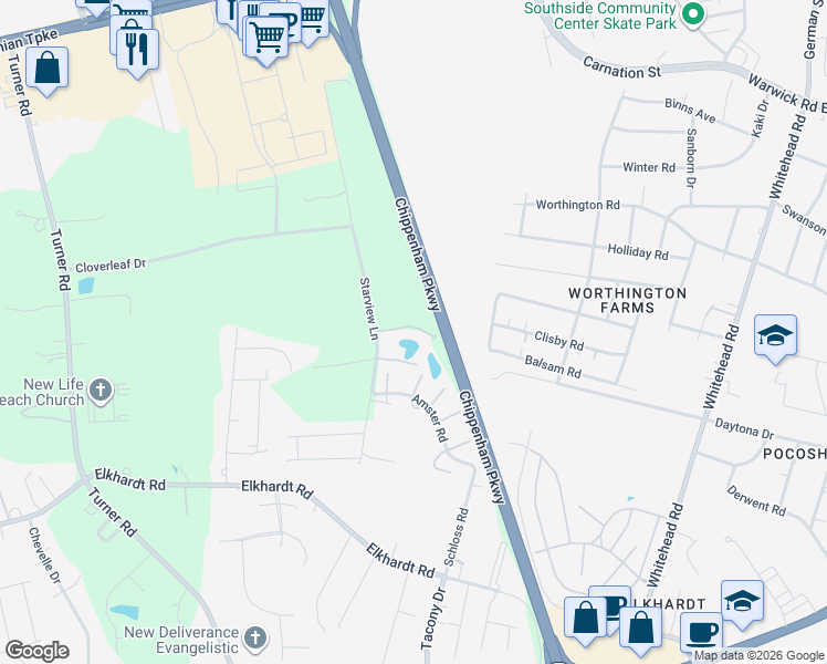map of restaurants, bars, coffee shops, grocery stores, and more near 6925 Starview Court in Richmond
