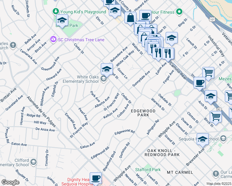 map of restaurants, bars, coffee shops, grocery stores, and more near 1912 Saint Francis Way in San Carlos
