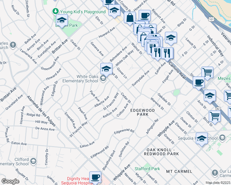 map of restaurants, bars, coffee shops, grocery stores, and more near 1912 Saint Francis Way in San Carlos