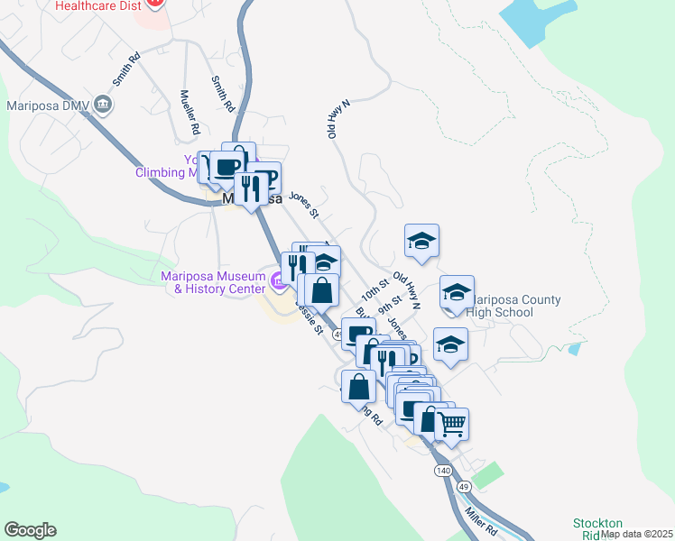 map of restaurants, bars, coffee shops, grocery stores, and more near 5112 Bullion Street in Mariposa