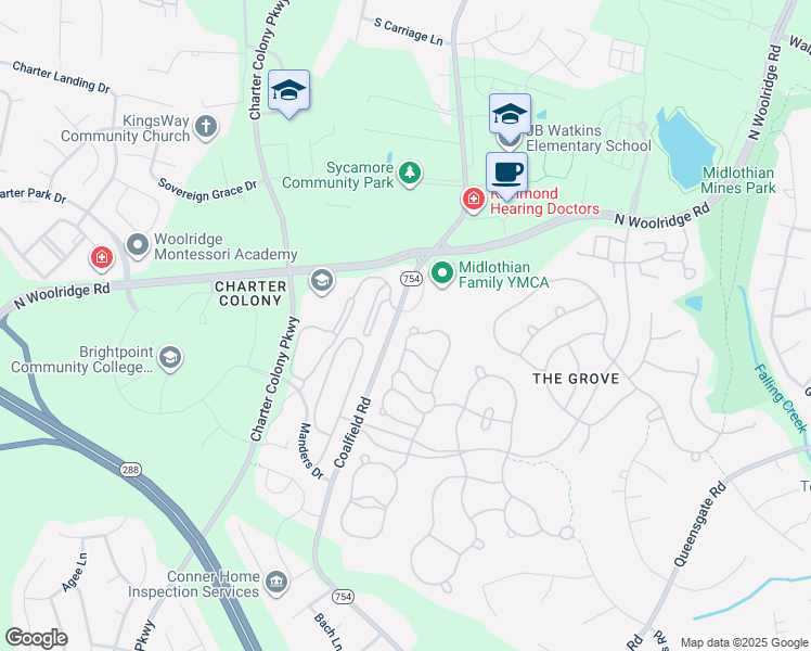 map of restaurants, bars, coffee shops, grocery stores, and more near 14013 Krim Point Court in Midlothian