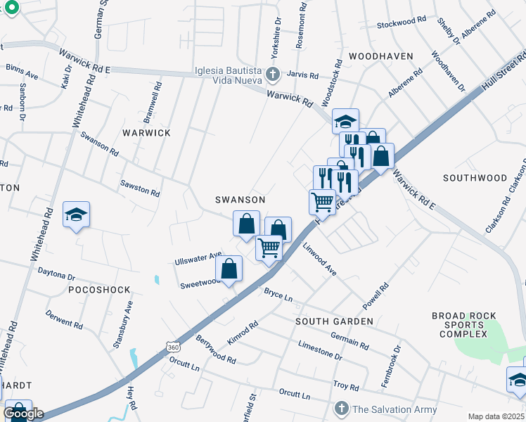 map of restaurants, bars, coffee shops, grocery stores, and more near 5410 Princess Ella Lane in Richmond