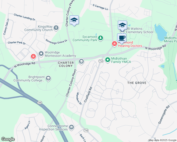 map of restaurants, bars, coffee shops, grocery stores, and more near 620 Fern Meadow Loop in Midlothian
