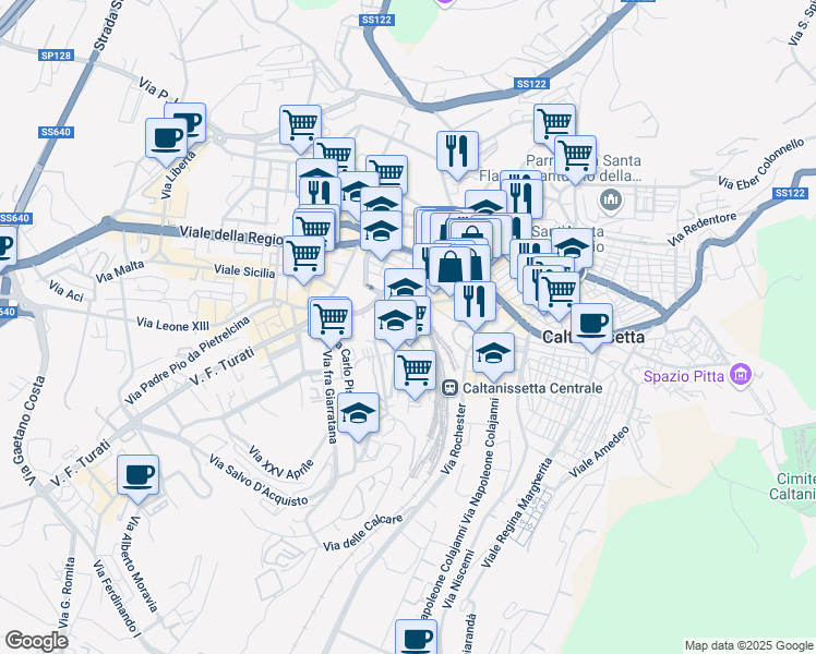map of restaurants, bars, coffee shops, grocery stores, and more near 18 Piazza Don Luigi Sturzo in Caltanissetta