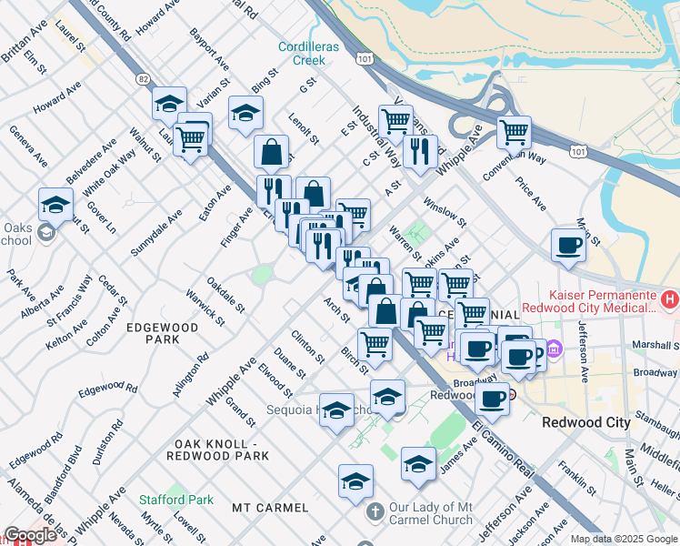 map of restaurants, bars, coffee shops, grocery stores, and more near El Camino Real & Whipple Ave in Redwood City