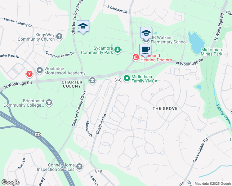 map of restaurants, bars, coffee shops, grocery stores, and more near 14013 Krim Point Court in Midlothian