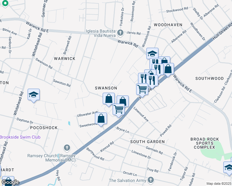 map of restaurants, bars, coffee shops, grocery stores, and more near 5410 Princess Ella Lane in Richmond