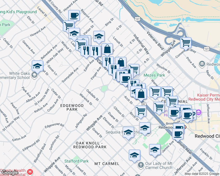 map of restaurants, bars, coffee shops, grocery stores, and more near 39 Edgewood Road in Redwood City