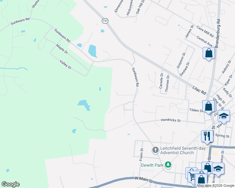 map of restaurants, bars, coffee shops, grocery stores, and more near 111 Crossridge Drive in Leitchfield