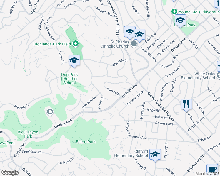 map of restaurants, bars, coffee shops, grocery stores, and more near 964 Sunset Drive in San Carlos